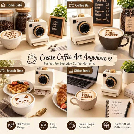 3D‑Printed Latte Art Camera, Coffee Powder Decorator with Interchangeable Stencil Cards