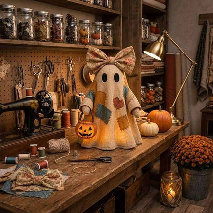 Lighted Patchwork Ghost with Pumpkin Lantern Vintage Halloween Decor 10CM