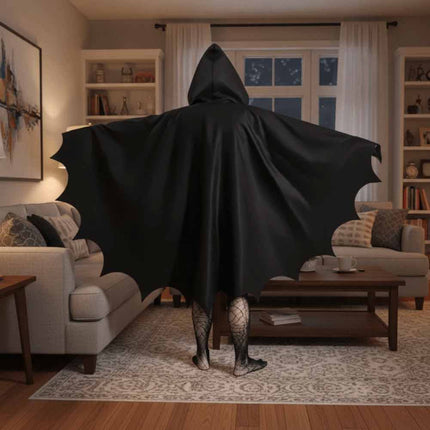 Black Gothic Hooded Cape, Medieval Halloween Bat Cosplay Cloak Costume