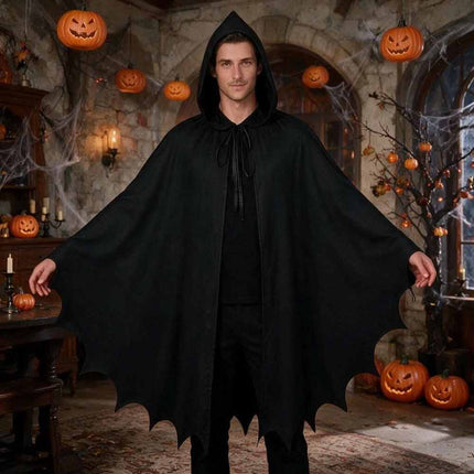 Black Gothic Hooded Cape, Medieval Halloween Bat Cosplay Cloak Costume
