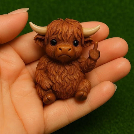 Lifelike Mini Highland Cow Middle Finger Resin Figurine - Realistic Animal Statue, Unique Ornament for Home Decor