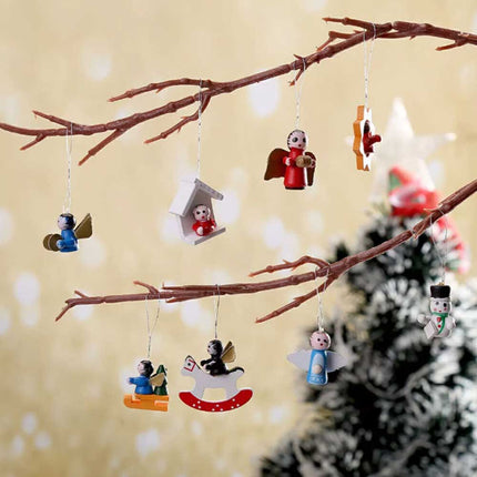 Pendant Miniature Wooden Christmas Tree Decor Figures Hanging Xmas Ornament Set