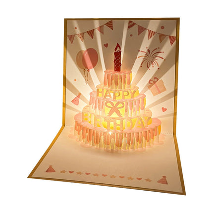 3D Pop-Up Birthday Card with LED Light, Voice Recorder - Cake & Fireworks Design