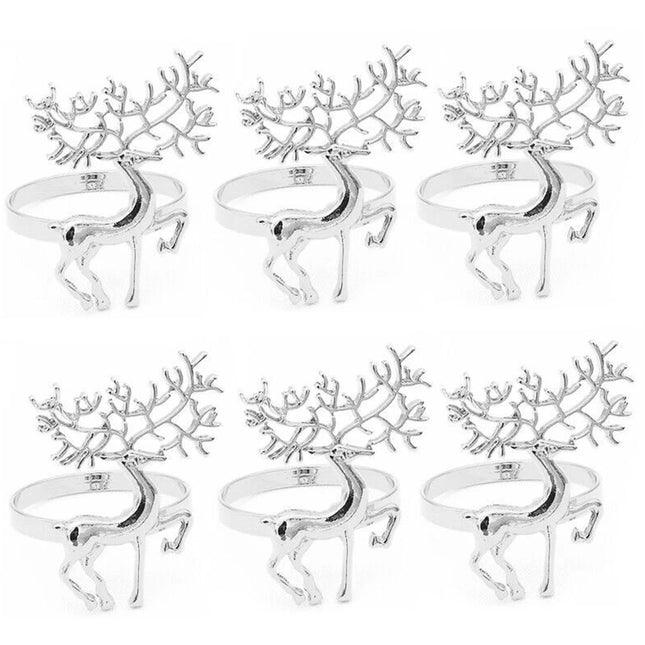 6X Silver Deer Christmas Napkin Rings - Alloy Reindeer & Elk Napkin Holders