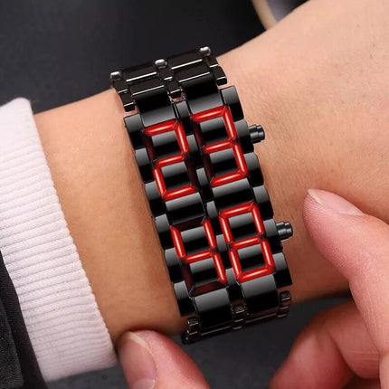 Fashion Mens Digital Lava Wrist Watch Men Black Full Metal Red LED Display