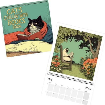 Cats Chillin' with Books Wall Calendar 2026 Cat-Themed Illustrations Planner