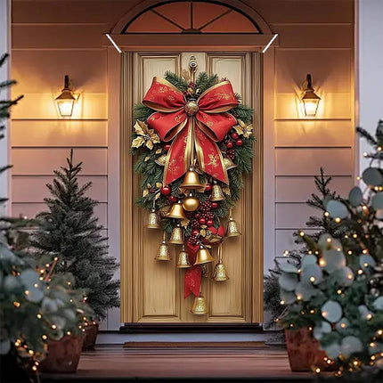 180*90cm Christmas Cloth Door Cover，Bells Wreath Ornament for Wall Festival Party Decoration