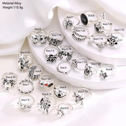 24 Pcs Gothic Skeleton Stackable Ring Set, Punk Grunge Unisex Street‑Style Jewellery Gift