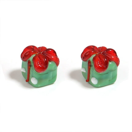 10Pcs Christmas Green Gift Box Shaped Lampwork Glass Beads, DIY Jewellery Making Accessories