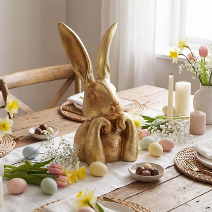 Spring Rabbits Easter Decoration, 8 Inch Vintage Gold Resin Bunny Statue, Home Decor & Gift