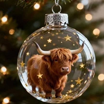 2X Christmas Tree Ornaments - Highland Cow Wildlife Animal Acrylic Ball Style for Home Xmas Decor