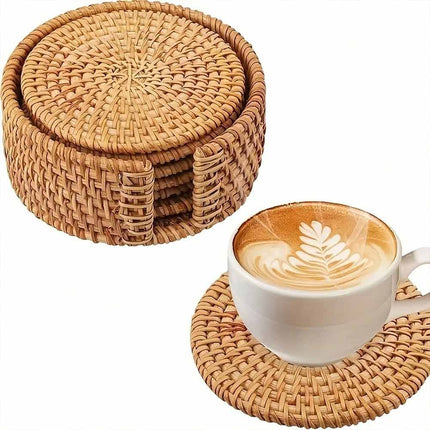 6 Pack Rattan Coaster Set with Storage Holder Base, Heat Resistant Autumn Pattern Drink Cup Mats for Table Decor