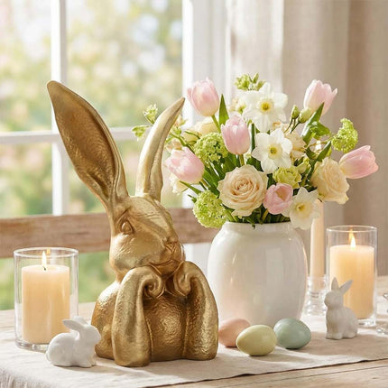Spring Rabbits Easter Decoration, 8 Inch Vintage Gold Resin Bunny Statue, Home Decor & Gift