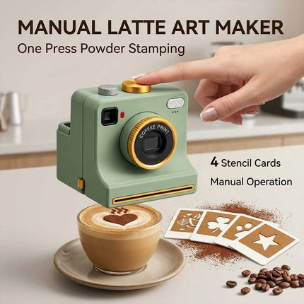 3D‑Printed Latte Art Camera, Coffee Powder Decorator with Interchangeable Stencil Cards