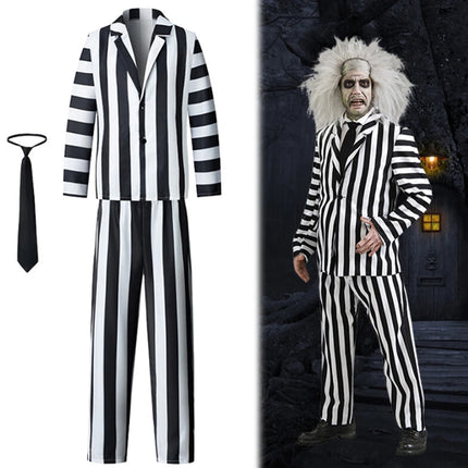 3pcs Set Men Beetlejuice Costume Spooky Halloween Cosplay Costume Adults