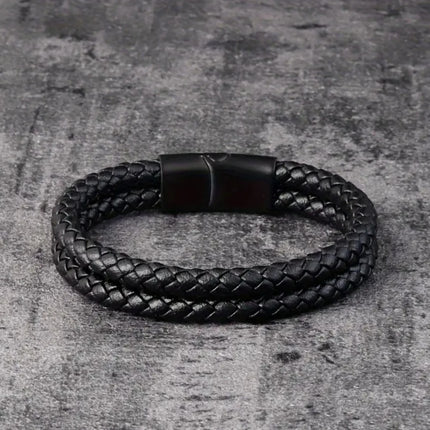 Mens Leather Braided Wristband Bracelet Stainless Steel Magnetic 6mm Black 21CM