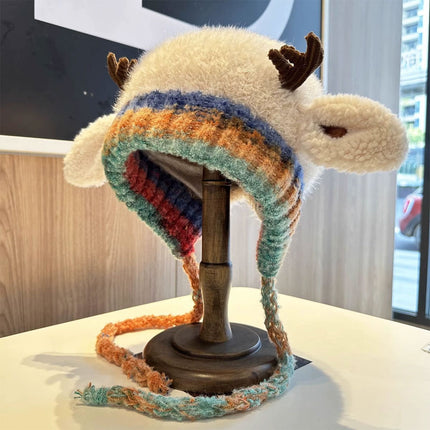 2-in-1 Festive Reindeer Antler Knit Beanie Convertible Hat & Pouch