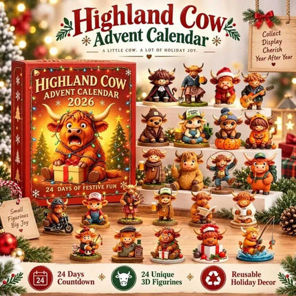 Highland Cow 3D Silicone Figurines Advent Calendar 2026, 24 Days Christmas Countdown Gift for Cow Lovers