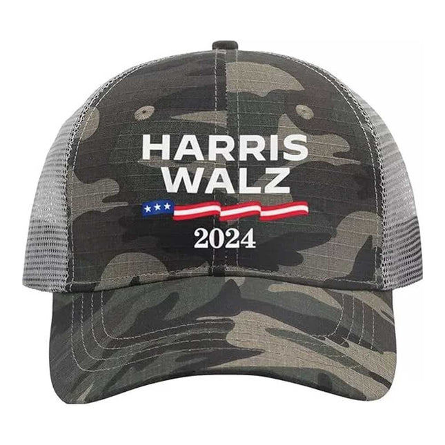 Harris Walz Hat 2024 Election Camo Trucker Cap Kamala President Democrat Gift