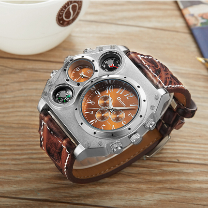 Men Army Sports Fashion Two Time Zones Big Dial Leather Strap Quartz Wrist Watch