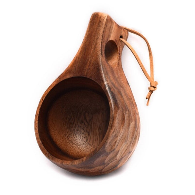 Portable Wooden Coffee Mug with Acacia Handle & Cowhide Lanyard Hook