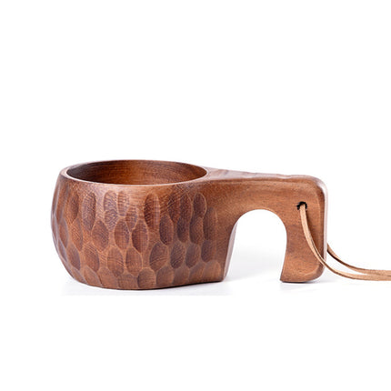 Portable Wooden Coffee Mug with Acacia Handle & Cowhide Lanyard Hook