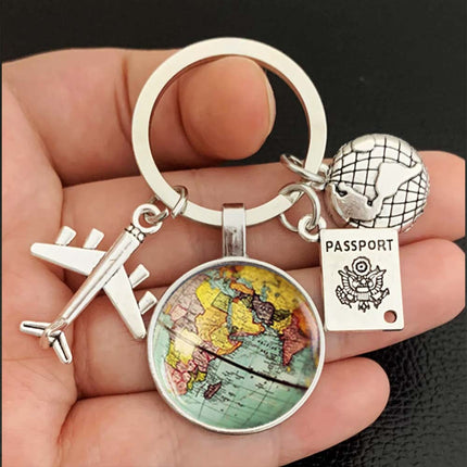 Traveller Keyring with World Globe, Airplane & Passport Charms Ideal Travel Gift for Wanderlust Enthusiasts