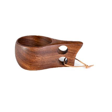 Portable Wooden Coffee Mug with Acacia Handle & Cowhide Lanyard Hook