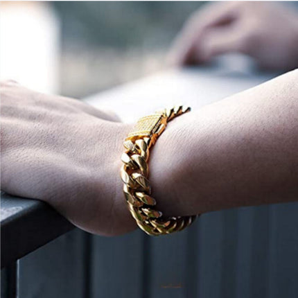 18k Gold Silver Curb 8inch Cuban Durable Urban Street-Wear Hip Hop Bracelet 12mm