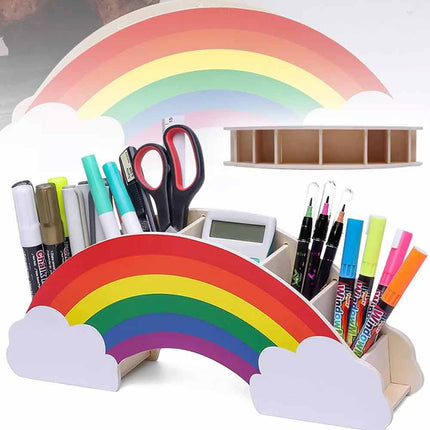 Rainbow Wooden Desk Organiser, DIY Pen & Pencil Holder with Phone Storage Compartment