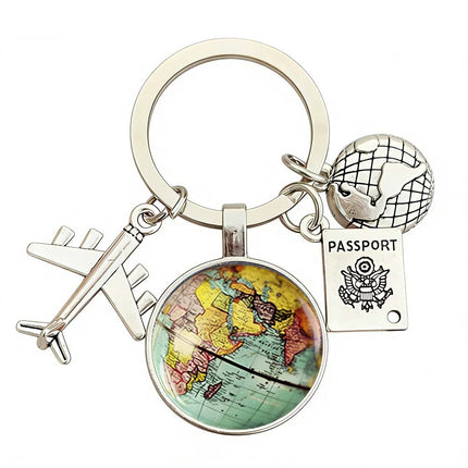 Traveller Keyring with World Globe, Airplane & Passport Charms Ideal Travel Gift for Wanderlust Enthusiasts