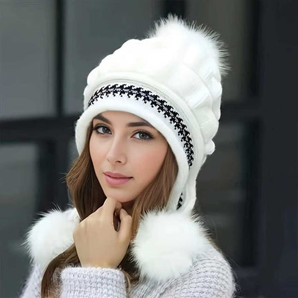 Women’s & Kids’ Knitted Beanie with Ear Flaps and Pom-Pom – Warm Winter Ski Cap, White