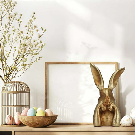 Spring Rabbits Easter Decoration, 8 Inch Vintage Gold Resin Bunny Statue, Home Decor & Gift
