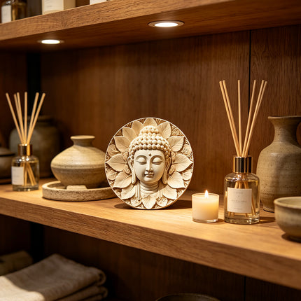 Round Wooden Buddha Head Hanging Wall Plaque 20cm Indoor Outdoor Home Garden Decor