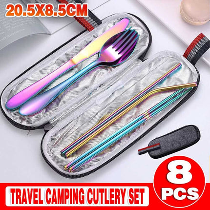 8PCS Portable Color Stainless Steel Tableware Dinnerware Travel Camping Cutlery Set
