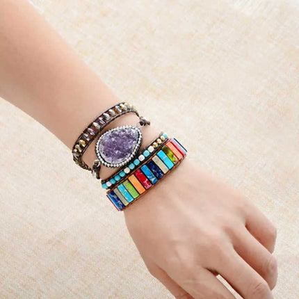 7 Chakra Bracelet Handmade Natural Stone Tube Beads Leather Wrap Women Bangle
