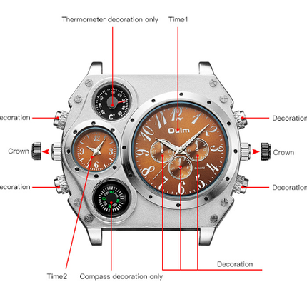 Men Army Sports Fashion Two Time Zones Big Dial Leather Strap Quartz Wrist Watch