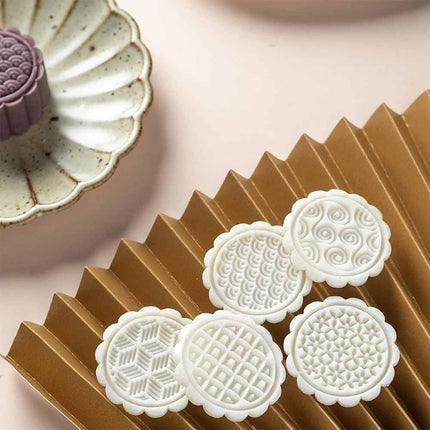 Hand‑Press Mooncake Mold Set with 6 Geometric Pattern Stamps, DIY Baking Tool for Mooncake & Mung Bean Cakes