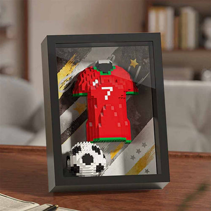 3D Football Jersey Brick Display Set with Dustproof Art Frame, Dual Use Wall Desk Ornament Gift for Football Fans