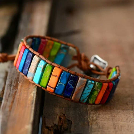 7 Chakra Bracelet Handmade Natural Stone Tube Beads Leather Wrap Women Bangle