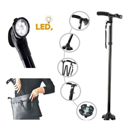 Folding Walking Stick LED Light Cane Adjustable Pole Handle Lightweight Strap