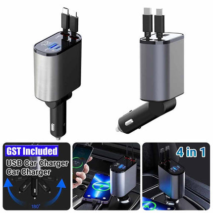 USB Car Charger 4 in 1 Car Charger Adapter Fast Charging with Type C+ For iPhone