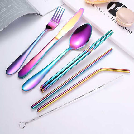 8PCS Portable Color Stainless Steel Tableware Dinnerware Travel Camping Cutlery Set