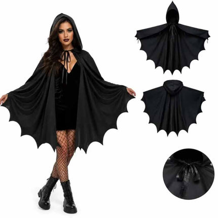 Black Gothic Hooded Cape, Medieval Halloween Bat Cosplay Cloak Costume
