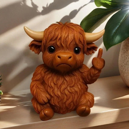Lifelike Mini Highland Cow Middle Finger Resin Figurine - Realistic Animal Statue, Unique Ornament for Home Decor