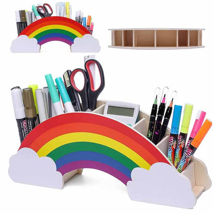 Rainbow Wooden Desk Organiser, DIY Pen & Pencil Holder with Phone Storage Compartment