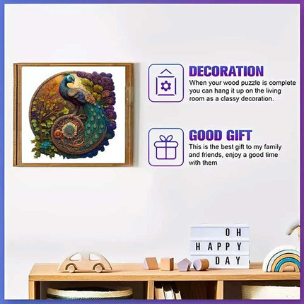 Round Peacock Wooden Jigsaw Puzzle Family Fun & Adult Activity