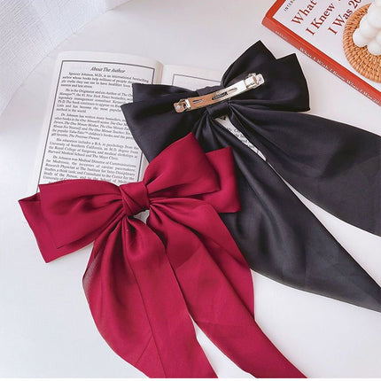 Korean Style Long Satin Bow Hair Clip, Premium Fabric Zinc Alloy Spring Barrette, Elegant Hair Accessory for Women & Girls