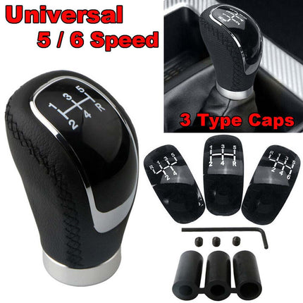 5/6 Speed + 3 Cap Black PU Leather Manual Car Gear Shift Lever Shifter StickKnob