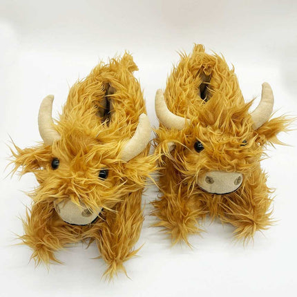 Highland Cow Slippers – Novelty Fluffy Plush Warm Animal Slippers (Adult & Kid Sizes)